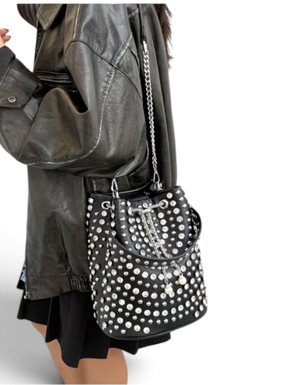 Black Silver Studded & Rhinestone Drawstring Bucket Bag - Picture 6 of 8
